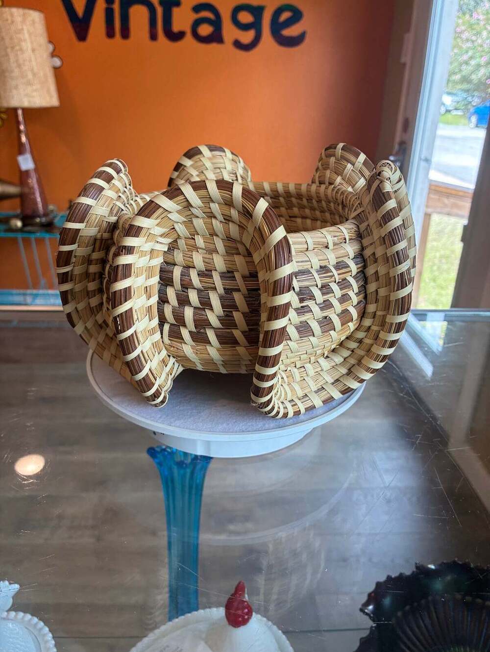 Hand Woven Sweetgrass Elephant Ear Stand Basket Gullah Geechee Art